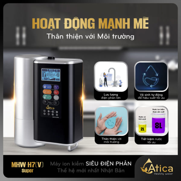 Máy lọc nước ion kiềm siêu điện phân Atica SUPER MHW-H7(V) hoạt động mạnh mẽ, thân thiện môi trường